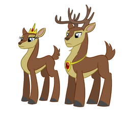 Size: 800x746 | Tagged: safe, artist:mister-saugrenu, oc, oc only, deer, crown, doe, duo, female, jewelry, male, necklace, regalia, simple background, stag, tiara, white background