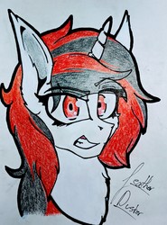 Size: 2287x3087 | Tagged: safe, artist:caduceus, artist:caduceusart, oc, oc:blackjack, pony, unicorn, fallout equestria, fallout equestria: project horizons, angry, bust, high res, traditional art