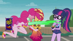 Size: 1280x720 | Tagged: safe, edit, edited screencap, screencap, pinkie pie, sci-twi, sunset shimmer, twilight sparkle, human, equestria girls, g4, my little pony equestria girls: better together, x marks the spot, crying, female, fire, fire breath, fire pinkie, flame eyes, food, glasses, open mouth, red face, shocked, snack, snacks, spicy, takis, tears of pain, temaki, trio, trio female, wingding eyes
