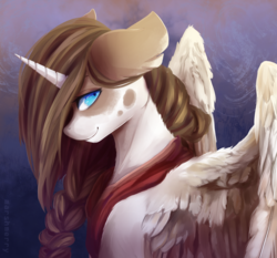 Size: 4500x4200 | Tagged: safe, artist:skylacuna, oc, oc only, oc:rustique, alicorn, pony, absurd resolution, alicorn oc, bandana, braid, bust, ear fluff, female, floppy ears, fluffy, horn, large wings, looking at you, mare, neck fluff, profile, solo, spread wings, wing fluff, wings