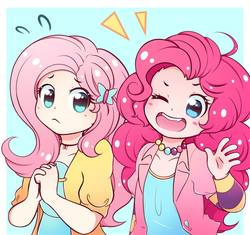 Size: 1595x1500 | Tagged: safe, artist:chan-sama, fluttershy, pinkie pie, human, g4, blue background, blush sticker, blushing, cute, diapinkes, duo, female, hair ornament, humanized, jewelry, looking at you, necklace, one eye closed, open mouth, shyabetes, simple background, smiling, wink