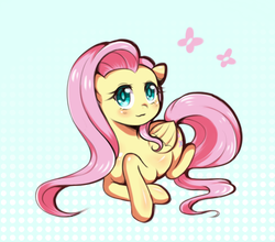 Size: 583x513 | Tagged: safe, artist:chan-sama, fluttershy, butterfly, pegasus, pony, g4, cute, female, gradient background, looking at you, mare, shyabetes, sitting, solo