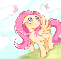 Size: 900x876 | Tagged: safe, artist:chan-sama, fluttershy, butterfly, pegasus, pony, g4, cute, female, floppy ears, mare, shyabetes, solo, spread wings, wings