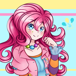 Size: 800x800 | Tagged: safe, artist:chan-sama, pinkie pie, human, g4, blushing, bust, cute, diapinkes, female, humanized, jewelry, looking at you, necklace, pinkie pie's cutie mark, solo