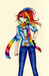 Size: 1328x2048 | Tagged: safe, artist:chan-sama, rainbow dash, human, g4, clothes, female, fingerless gloves, gloves, hand on hip, humanized, looking at you, ponytail, scarf, solo, traditional art