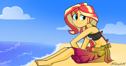 Size: 3448x1800 | Tagged: safe, artist:xan-gelx, sunset shimmer, equestria girls, equestria girls specials, g4, my little pony equestria girls: better together, my little pony equestria girls: forgotten friendship, barefoot, beach, belly button, clothes, cute, feet, female, shimmerbetes, solo, summer sunset, swimsuit