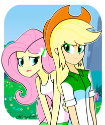 Size: 2220x2658 | Tagged: safe, artist:xan-gelx, applejack, fluttershy, equestria girls, g4, clothes, cowboy hat, hat, high res, smiling, stetson, tank top