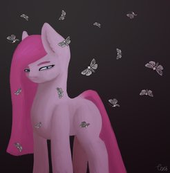 Size: 2000x2032 | Tagged: safe, artist:shadowitsme, pinkie pie, earth pony, moth, pony, g4, black background, blank flank, dock, female, high res, missing cutie mark, pinkamena diane pie, signature, simple background, solo, standing