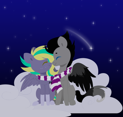 Size: 5000x4740 | Tagged: safe, artist:belka-sempai, oc, oc only, pegasus, pony, absurd resolution, clothes, cloud, eyes closed, female, hooves, lineless, male, mare, night, night sky, oc x oc, on a cloud, scarf, shared clothing, shared scarf, shipping, shooting star, sitting, sky, smiling, spread wings, stallion, stars, straight, wings