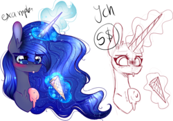 Size: 1024x717 | Tagged: safe, artist:chaospuschel, princess luna, alicorn, pony, g4, blushing, cute, dropped ice cream, ethereal mane, female, food, glowing horn, horn, ice cream, lunabetes, magic, simple background, solo, starry mane, telekinesis, tongue out, transparent background
