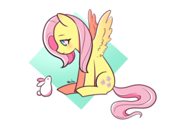 Size: 1500x1080 | Tagged: safe, artist:littlebigo, angel bunny, fluttershy, pegasus, pony, rabbit, g4, cute, duo, female, looking at something, looking down, male, mare, profile, shyabetes, simple background, sitting, spread wings, transparent background, wings