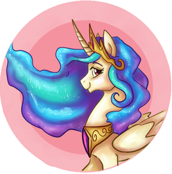 Size: 496x501 | Tagged: safe, artist:inkeed, princess celestia, alicorn, pony, g4, abstract background, ethereal mane, female, jewelry, looking at you, mare, regalia, smiling, solo, starry mane