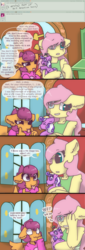 Size: 2124x6275 | Tagged: safe, artist:synnibear03, fluttershy, scootaloo, screwball, oc, oc:ponytale fluttershy, oc:ponytale scootaloo, oc:ponytale screwball, hybrid, anthro, comic:ponytale, g4, implied oc:t-bone, interspecies offspring, offspring, parent:discord, parent:fluttershy, parents:discoshy