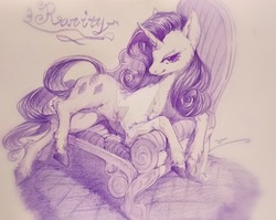 Size: 2741x2187 | Tagged: safe, artist:angusdra, rarity, pony, unicorn, g4, colored pencil drawing, fainting couch, female, high res, looking at you, mare, monochrome, purple, simple background, solo, traditional art, unshorn fetlocks, white background