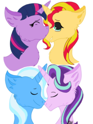 Size: 768x1024 | Tagged: safe, artist:artisticfangirl7, starlight glimmer, sunset shimmer, trixie, twilight sparkle, pony, unicorn, g4, female, lesbian, ship:startrix, ship:sunsetsparkle, shipping, simple background, transparent background