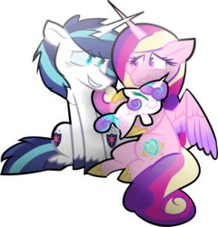Size: 1277x1328 | Tagged: safe, artist:olivecow, princess cadance, princess flurry heart, shining armor, alicorn, pony, unicorn, g4, crossed horns, cutie mark, female, filly, foal, horn, horns are touching, jewelry, looking at each other, male, mare, missing accessory, regalia, simple background, sitting, sleeping, smiling, stallion, tired, transparent background, trio