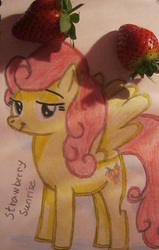 Size: 908x1424 | Tagged: safe, artist:sakurabizen, strawberry sunrise, pony, g4, female, food, solo, strawberry, traditional art