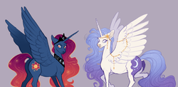 Size: 1305x638 | Tagged: safe, artist:queerly, princess celestia, princess luna, alicorn, pony, a royal problem, g4, alternate design, blue-mane celestia, cutie mark, cutie mark swap, dock, duo, ethereal mane, female, gray background, jewelry, mare, regalia, shocked, siblings, simple background, sisters, starry mane, wing jewelry