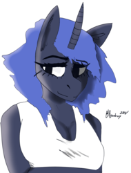 Size: 800x1052 | Tagged: safe, artist:itzdatag0ndray, princess luna, anthro, g4, breasts, cleavage, clothes, ear fluff, female, simple background, smiling, smirk, solo, tank top, white background