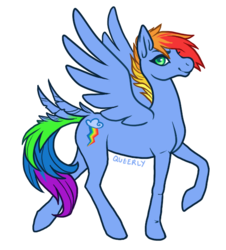 Size: 509x562 | Tagged: safe, artist:queerly, rainbow dash, pegasus, pony, g4, alternate cutie mark, alternate eye color, alternate hairstyle, cutie mark, female, looking at you, mare, raised hoof, redesign, simple background, smiling, solo, spread wings, tail feathers, transparent background, walking, wings