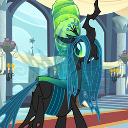 Size: 1024x1024 | Tagged: safe, edit, edited screencap, screencap, princess celestia, queen chrysalis, changeling, changeling queen, a canterlot wedding, g4, belly, big belly, bugbutt, butt, chrysalass, chunkling, chunkling queen, cocoon, cropped, fat, fat edit, female, looking back, plot, queen chrysalard