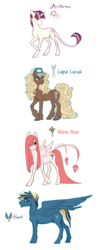 Size: 1303x3206 | Tagged: safe, artist:queerly, oc, oc only, oc:arcturus, oc:lapis lazuli, oc:squall, oc:willow wisp, earth pony, pegasus, pony, unicorn, bandaid, cloven hooves, cutie mark, ear piercing, earring, female, hair over one eye, hat, jewelry, leonine tail, magical lesbian spawn, male, mare, next generation, nudity, offspring, parent:applejack, parent:bulk biceps, parent:fluttershy, parent:rainbow dash, parent:rarity, parent:spitfire, parent:sunburst, parent:twilight sparkle, parents:flutterbulk, parents:rarijack, parents:spitdash, parents:twiburst, peacock feathers, piercing, reference sheet, sheath, simple background, spread wings, stallion, transparent background, unshorn fetlocks, wings