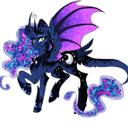 Size: 526x521 | Tagged: safe, artist:mscreepyplaguedoctor, princess luna, alicorn, pony, g4, bat wings, curved horn, cutie mark, ethereal mane, eyeshadow, female, horn, jewelry, leonine tail, looking at you, makeup, pixel art, redesign, regalia, simple background, smiling, solo, spread wings, starry mane, tail feathers, white background, wings