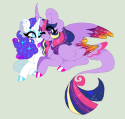 Size: 782x744 | Tagged: safe, artist:mscreepyplaguedoctor, rarity, twilight sparkle, alicorn, pony, g4, coat markings, colored hooves, colored wings, curved horn, dappled, ear fluff, female, horn, leonine tail, lesbian, one eye closed, pixel art, prone, rainbow power, ship:rarilight, shipping, simple background, smiling, starry eyes, starry mane, twilight sparkle (alicorn), wingding eyes