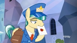 Size: 1649x924 | Tagged: safe, screencap, proper postal, crystal pony, pony, g4, the parent map, clothes, crystal empire, letter, mailbag, mailpony, male, mouth hold, necktie, postman's hat, saddle bag, solo, stallion, uniform