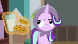 Size: 1280x720 | Tagged: safe, screencap, starlight glimmer, pony, unicorn, g4, the parent map, clothes, cookie, female, food, headscarf, magic, mare, milk, milk and cookies, scarf, solo, starlight glimmer is not amused, telekinesis, unamused