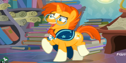 Size: 1713x861 | Tagged: safe, screencap, sunburst, pony, unicorn, g4, the parent map, book, excited, faic, glasses, male, prancing, scroll, smiling, solo, stallion, wrong aspect ratio
