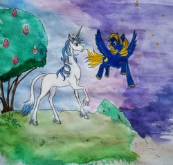 Size: 1280x1222 | Tagged: safe, artist:tielgar, oc, oc:etoile, amalthea, duo, the last unicorn, traditional art, watercolor painting
