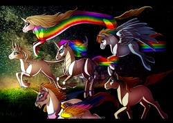 Size: 1224x878 | Tagged: safe, artist:pocki07, rainbow dash, alicorn, classical unicorn, horse, pegasus, pony, unicorn, g4, adventure time, amalthea, cloven hooves, crossover, horn, lady rainicorn, leonine tail, male, rainbow brite, rainicorn, robot unicorn attack, she-ra and the princesses of power, starlite, swift wind, the last unicorn, unshorn fetlocks
