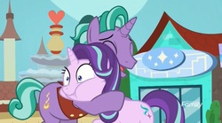 Size: 1658x920 | Tagged: safe, screencap, firelight, starlight glimmer, pony, unicorn, g4, the parent map, choking, duo, eyes closed, father and daughter, female, male, mare, puffy cheeks, scrunchy face, stallion