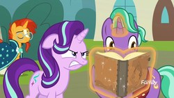 Size: 1920x1080 | Tagged: safe, screencap, firelight, starlight glimmer, sunburst, pony, unicorn, g4, the parent map, angry, book, discovery family logo, father and daughter, female, magic, male, mare, stallion, telekinesis, trio