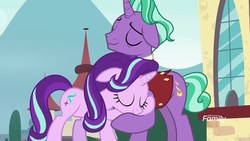 Size: 1920x1080 | Tagged: safe, screencap, firelight, starlight glimmer, pony, unicorn, g4, the parent map, discovery family logo, duo, eyes closed, father and daughter, female, floppy ears, happy, happy ending, heartwarming, hug, male, mare, stallion, sweet dreams fuel, wholesome