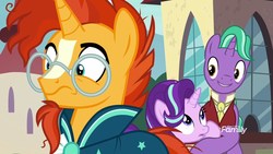 Size: 1920x1080 | Tagged: safe, screencap, firelight, starlight glimmer, sunburst, pony, unicorn, g4, the parent map, discovery family logo, father and daughter, female, glasses, male, mare, stallion