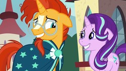 Size: 1920x1080 | Tagged: safe, screencap, starlight glimmer, sunburst, pony, unicorn, g4, the parent map, discovery family logo, duo, female, floppy ears, grin, male, mare, nervous, nervous smile, smiling, stallion, sweat