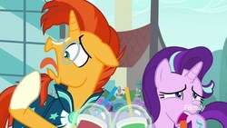 Size: 1920x1080 | Tagged: safe, screencap, starlight glimmer, sunburst, pony, unicorn, g4, the parent map, discovery family logo, disgusted, duo, female, floppy ears, gagging, male, mare, open mouth, smoothie, stallion, tongue out