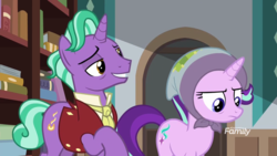 Size: 1920x1080 | Tagged: safe, screencap, firelight, starlight glimmer, pony, g4, the parent map, babying, blanket, clothes, discovery family logo, duo, father and daughter, female, headscarf, irritated, male, mare, scarf, stallion, starlight glimmer is not amused, unamused