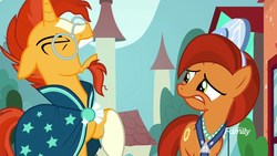 Size: 1920x1080 | Tagged: safe, screencap, stellar flare, sunburst, pony, unicorn, g4, the parent map, beard, cape, clothes, discovery family logo, duo, eyes closed, facial hair, female, glasses, male, mare, mother and son, necktie, shocked, sire's hollow, stallion, yelling