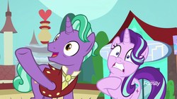 Size: 1920x1080 | Tagged: safe, screencap, firelight, starlight glimmer, pony, unicorn, g4, the parent map, clothes, discovery family logo, father and daughter, female, male, mare, stallion