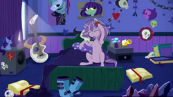 Size: 5760x3240 | Tagged: safe, artist:labglab, edit, edited screencap, screencap, starlight glimmer, pony, unicorn, rcf community, g4, the parent map, alternate hairstyle, bed, bloodshot eyes, boots, clothes, dancing, edgelight glimmer, electric guitar, emo, eyeball, eyes closed, female, glimmer goth, goth, guitar, headphones, music, musical instrument, shoes, skull, solo, starlight's room, teenage glimmer, teenager, this explains everything