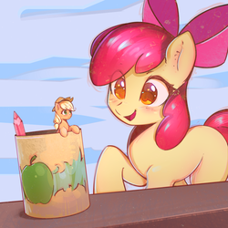 Size: 2800x2800 | Tagged: safe, artist:mirroredsea, apple bloom, applejack, earth pony, pony, g4, adorabloom, appletini, blushing, bow, cute, female, filly, hair bow, high res, mare, micro, size difference, smiling