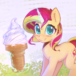 Size: 2800x2800 | Tagged: safe, artist:mirroredsea, sunset shimmer, pony, unicorn, g4, blushing, cute, female, food, glowing horn, high res, horn, ice cream, impossibly large ice cream, looking at you, mare, shimmerbetes, smiling, solo