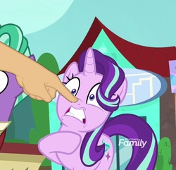 Size: 1113x1073 | Tagged: safe, edit, edited screencap, screencap, firelight, starlight glimmer, pony, unicorn, g4, the parent map, boop, boop edit, cropped, disembodied hand, female, finger, hand, hoof on chest, male, mare, non-consensual booping, solo focus, stallion