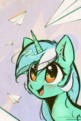 Size: 2050x3046 | Tagged: safe, artist:mirroredsea, lyra heartstrings, pony, unicorn, g4, bust, colored sketch, cute, female, high res, lyrabetes, mare, open mouth, paper airplane, portrait, smiling, solo