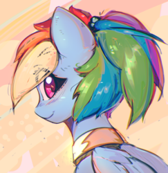 Size: 2381x2454 | Tagged: safe, artist:mirroredsea, rainbow dash, pegasus, pony, g4, alternate hairstyle, bust, collar, female, high res, looking at you, looking back, looking back at you, mare, ponytail, portrait, solo
