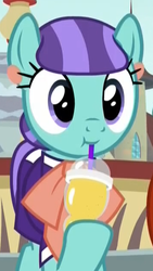 Size: 355x631 | Tagged: safe, screencap, mixed berry, earth pony, pony, g4, the parent map, :t, background pony, clothes, cropped, cute, cuteaberry, drink, drinking, drinking straw, ear piercing, earring, female, jewelry, mare, piercing, smoothie, solo, sucking