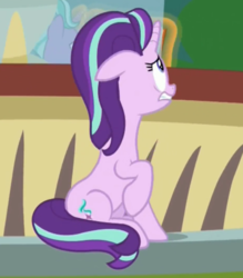 Size: 1241x1418 | Tagged: safe, screencap, firelight, starlight glimmer, pony, unicorn, g4, the parent map, cropped, female, floppy ears, fountain, hiding, male, mare, raised hoof, sitting, solo focus, stallion